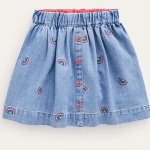 Mini Boden Denim Button Through Rainbow Embroidery Skirt | 6-7y